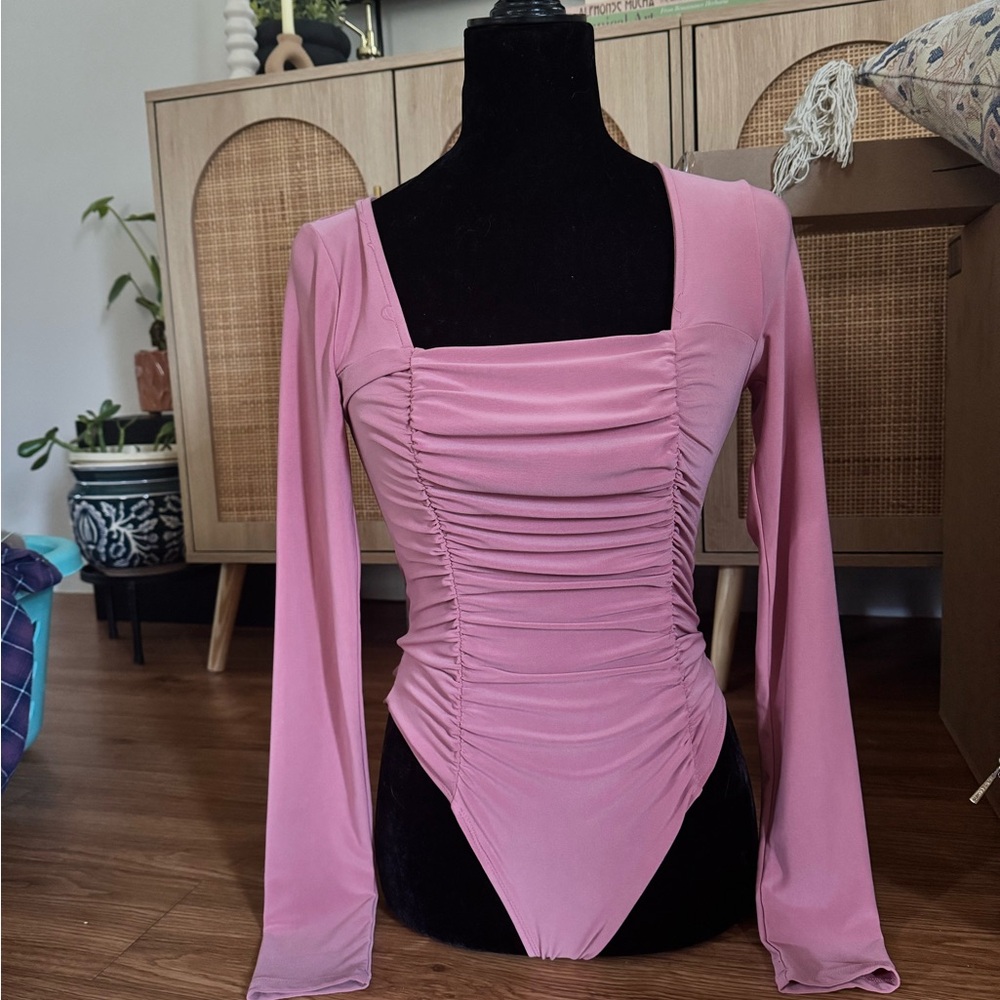 Forever 21 Pink Long Sleeve Ruched Bodysuit